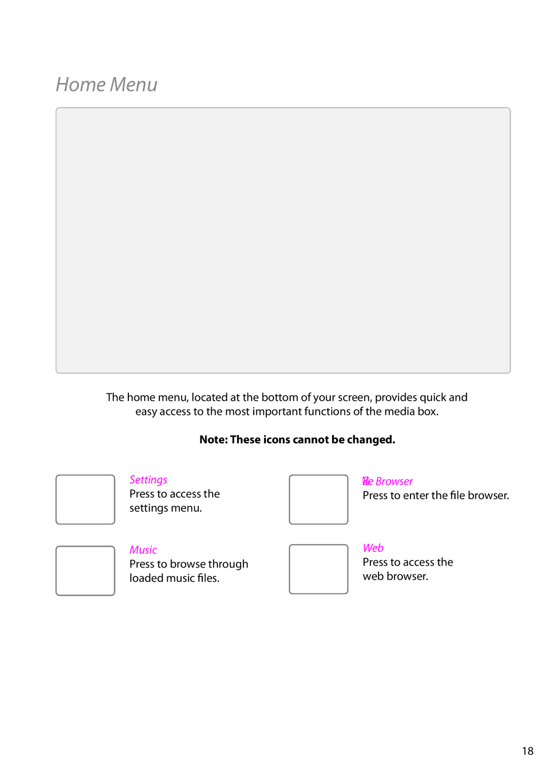 Zeki TAB803B manual Home Menu, Press to access, Settings menu 