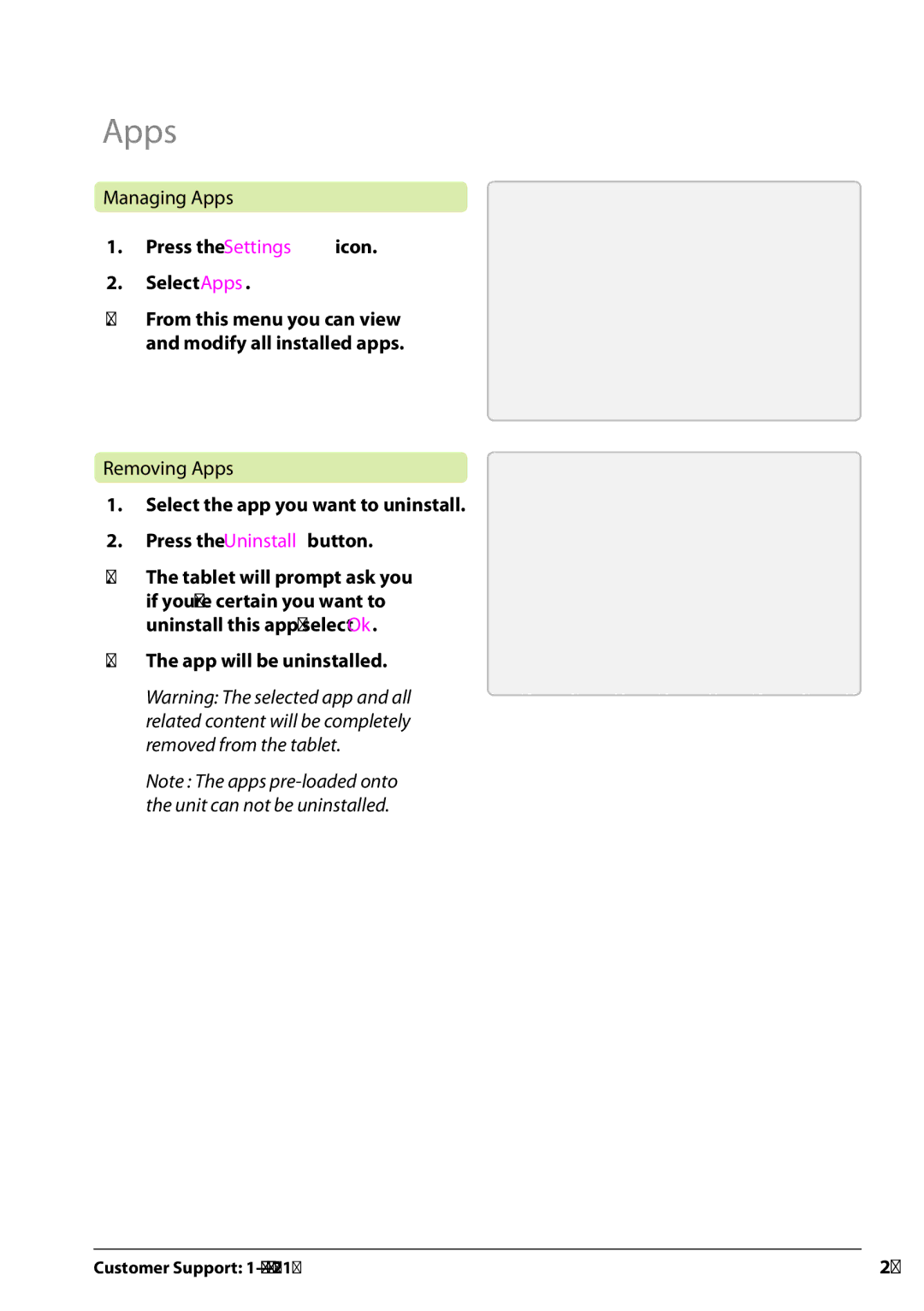 Zeki TAB803B manual Managing Apps, Press the Settings icon Select Apps, Removing Apps, App will be uninstalled 