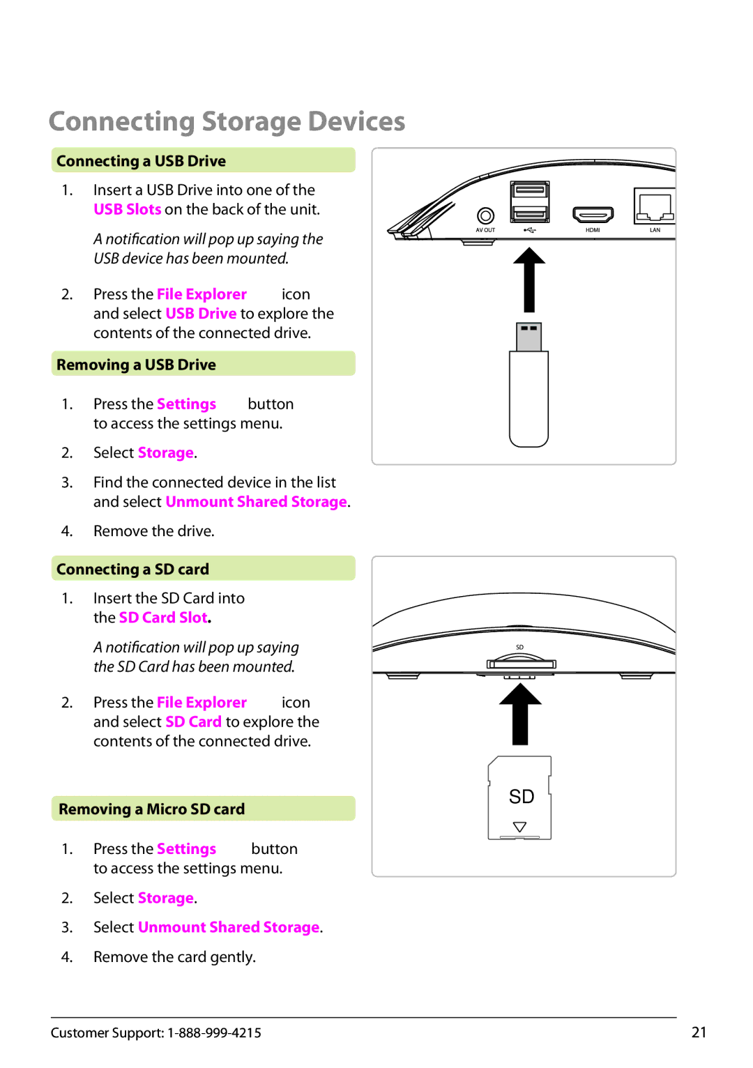 Zeki TAB803B manual Connecting Storage Devices, Connecting a USB Drive, Removing a USB Drive, Connecting a SD card 