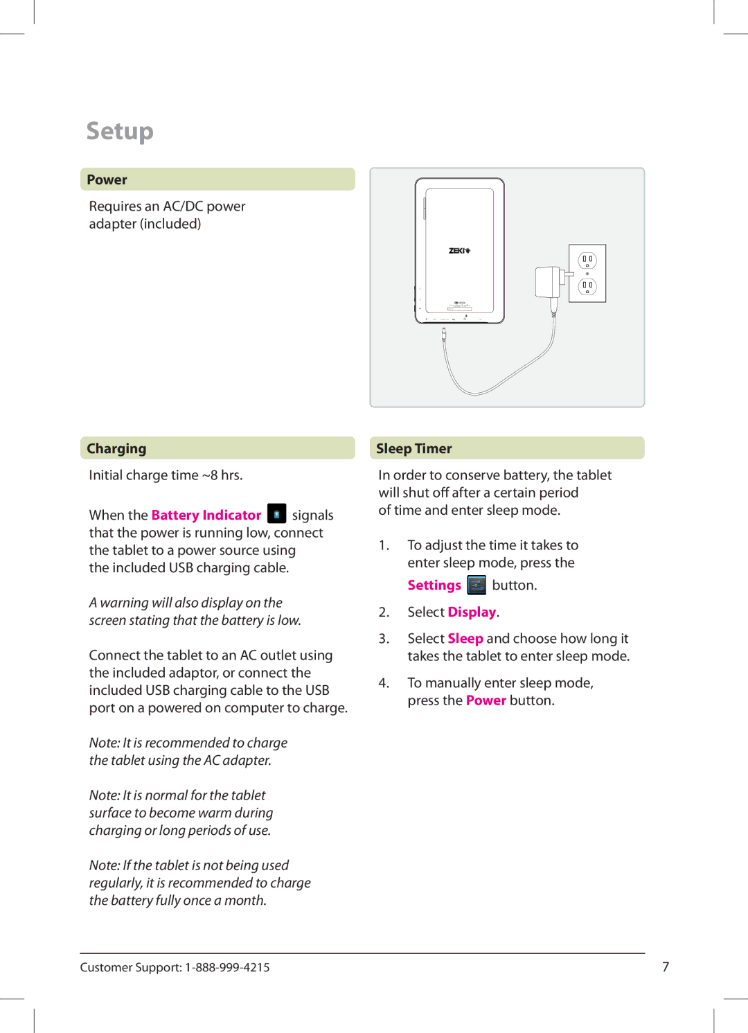 Zeki TB1082B manual Setup, Power, Charging, Sleep Timer 