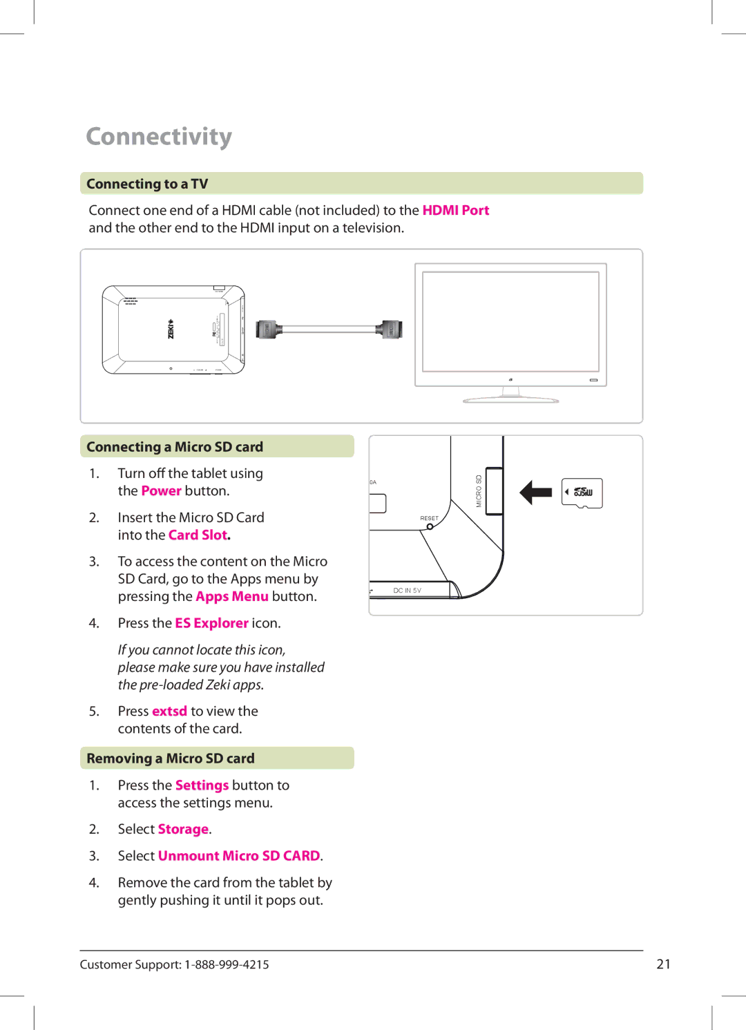 Zeki TB782B manual Connectivity, Connecting to a TV, Connecting a Micro SD card, Removing a Micro SD card 