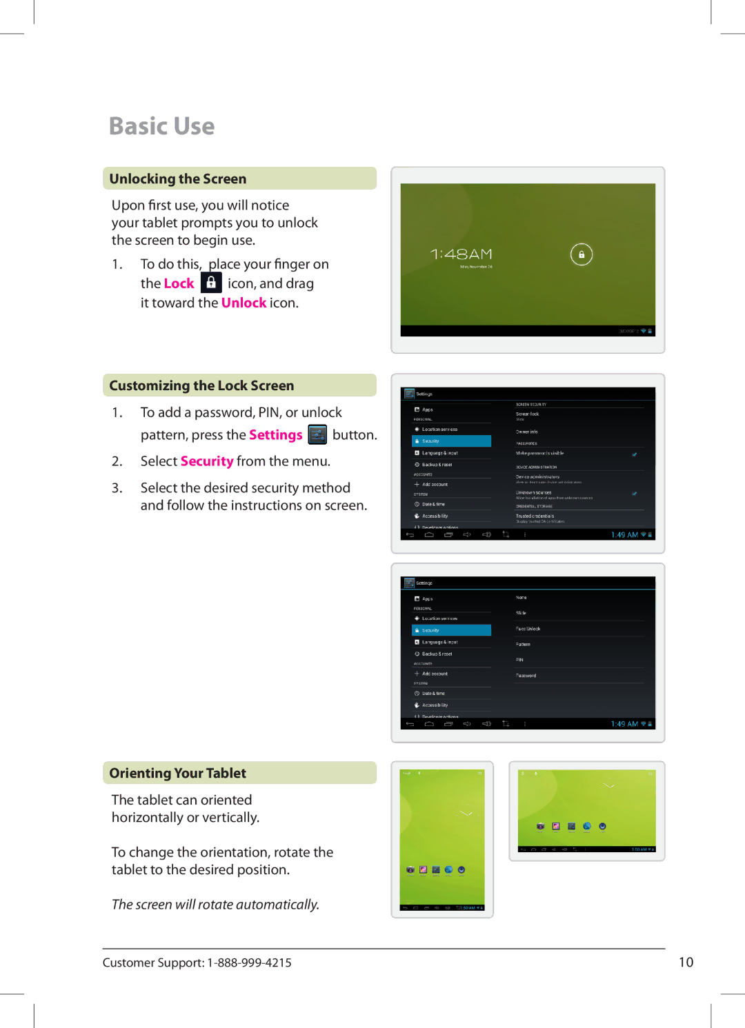 Zeki TBD753B manual Basic Use, Unlocking the Screen, Customizing the Lock Screen, Select Security from the menu 