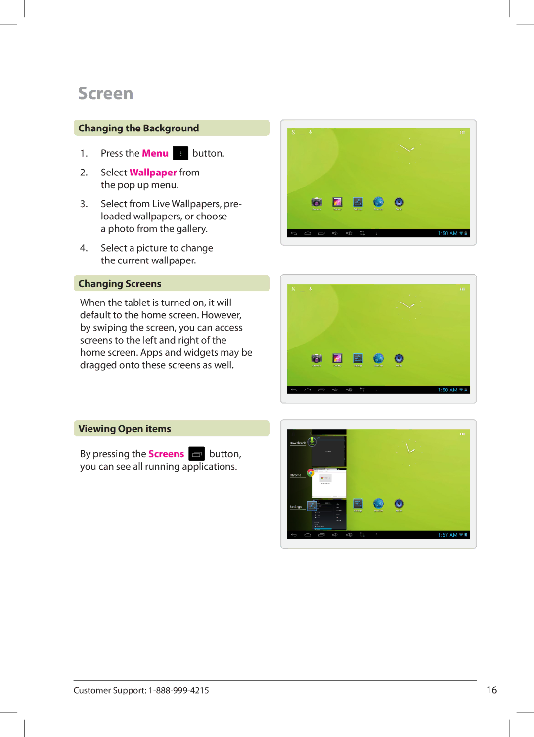 Zeki TBD753B manual Changing the Background, Changing Screens, Viewing Open items 