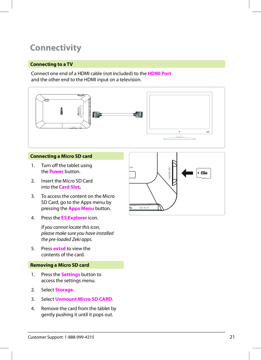 Zeki TBD753B manual Connecting to a TV, Turn off the tablet using, Pressing the Apps Menu button Press the ES Explorer icon 