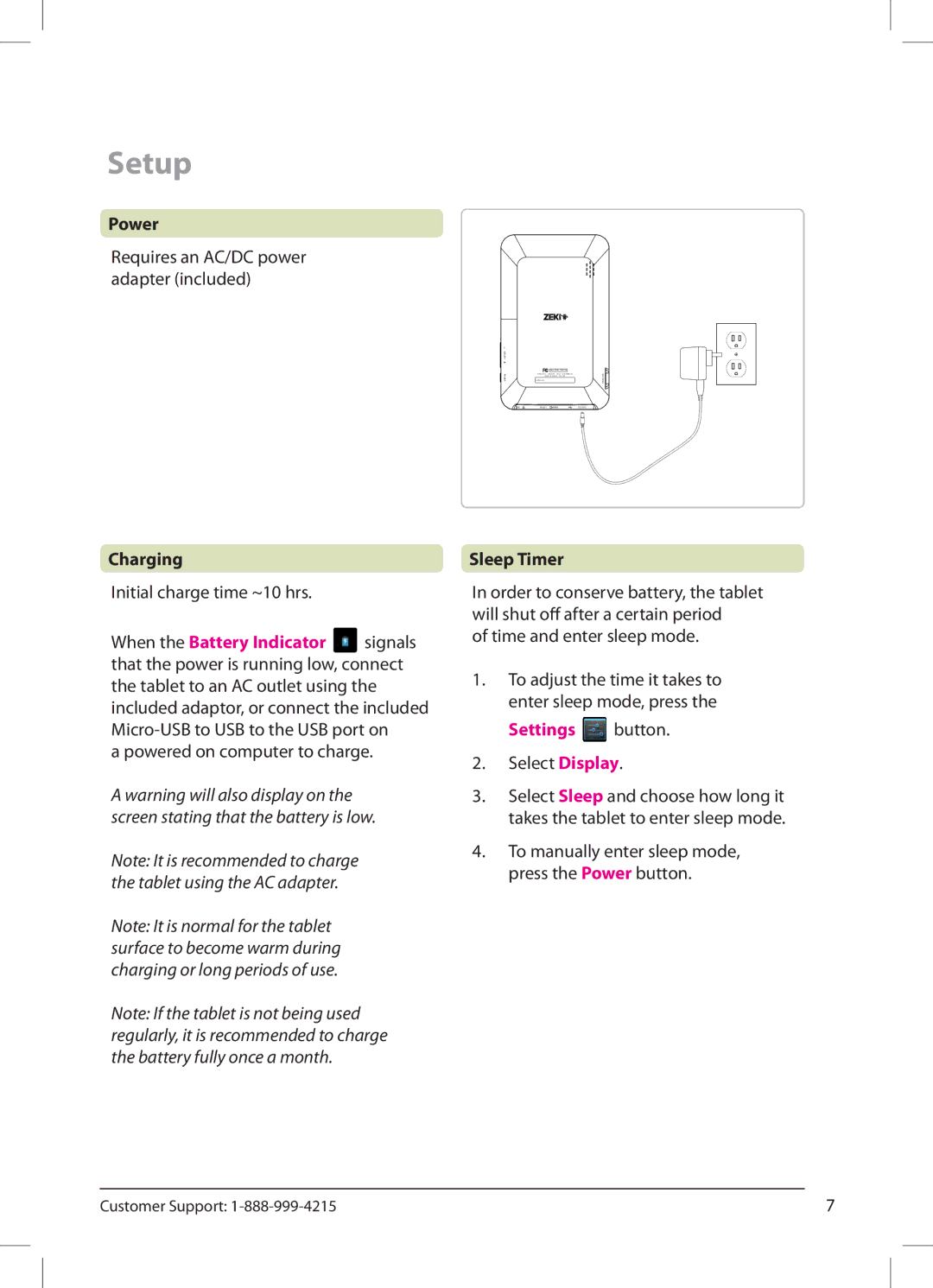 Zeki TBD753B manual Setup, Power, Charging, Sleep Timer 