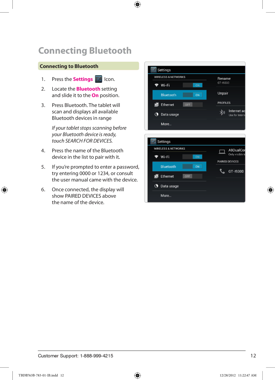 Zeki TBDB763B manual Connecting Bluetooth, Connecting to Bluetooth, Press the Settings Icon 