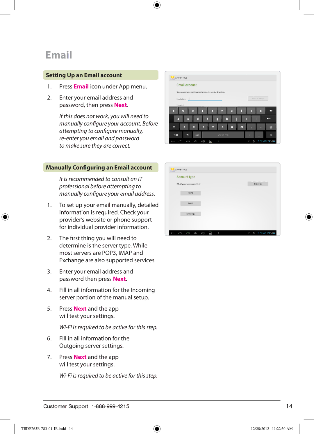 Zeki TBDB763B manual Setting Up an Email account, Press Email icon under App menu, Manually Configuring an Email account 