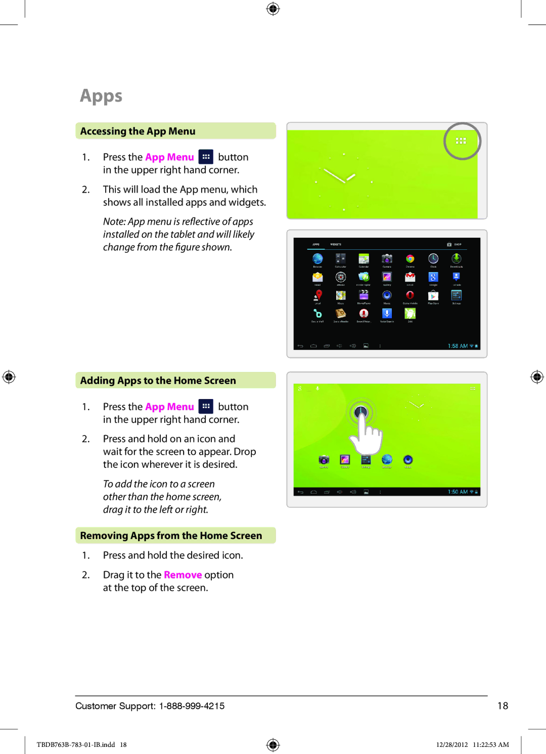 Zeki TBDB763B manual Accessing the App Menu, Adding Apps to the Home Screen, Removing Apps from the Home Screen 