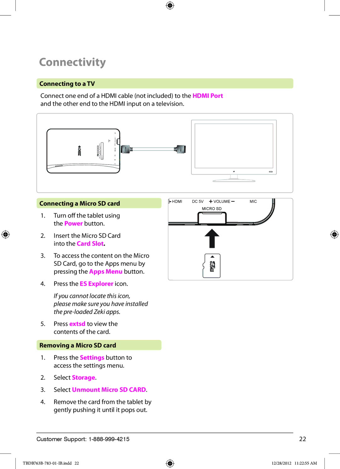 Zeki TBDB763B manual Connectivity, Connecting to a TV, Connecting a Micro SD card, Removing a Micro SD card 