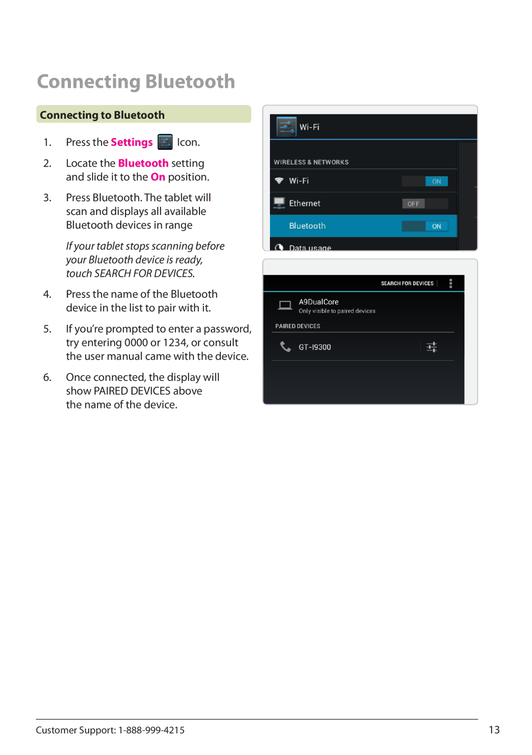 Zeki TBQC1063B manual Connecting Bluetooth, Connecting to Bluetooth, Press the Settings Icon 