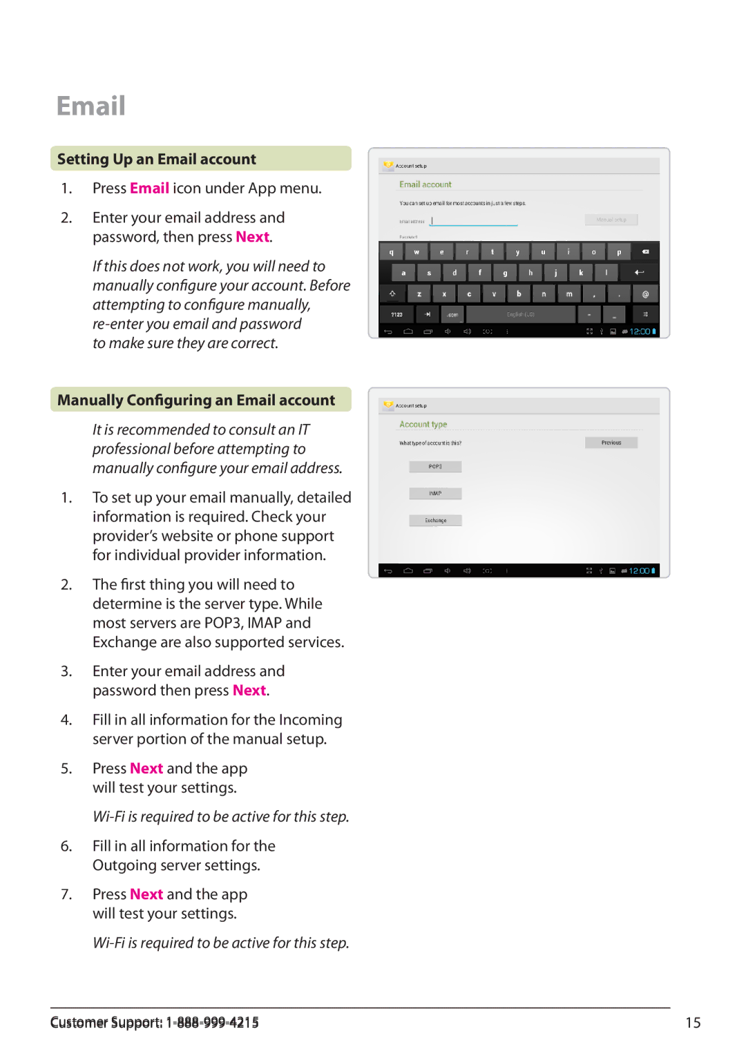 Zeki TBQC1063B manual Setting Up an Email account, Press Email icon under App menu, Manually Configuring an Email account 