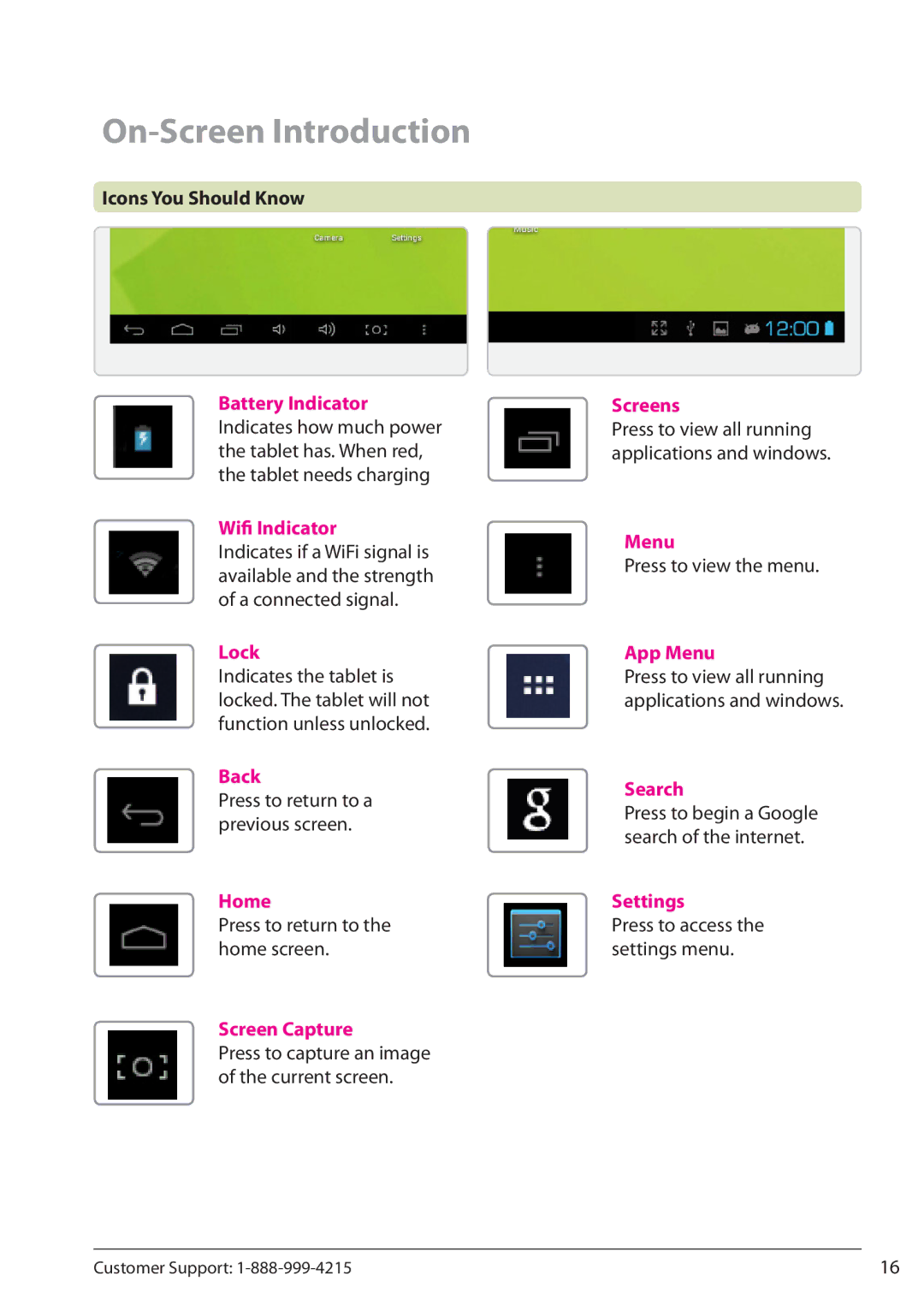 Zeki TBQC1063B On-Screen Introduction, Icons You Should Know, Press to return to the home screen, Press to view the menu 