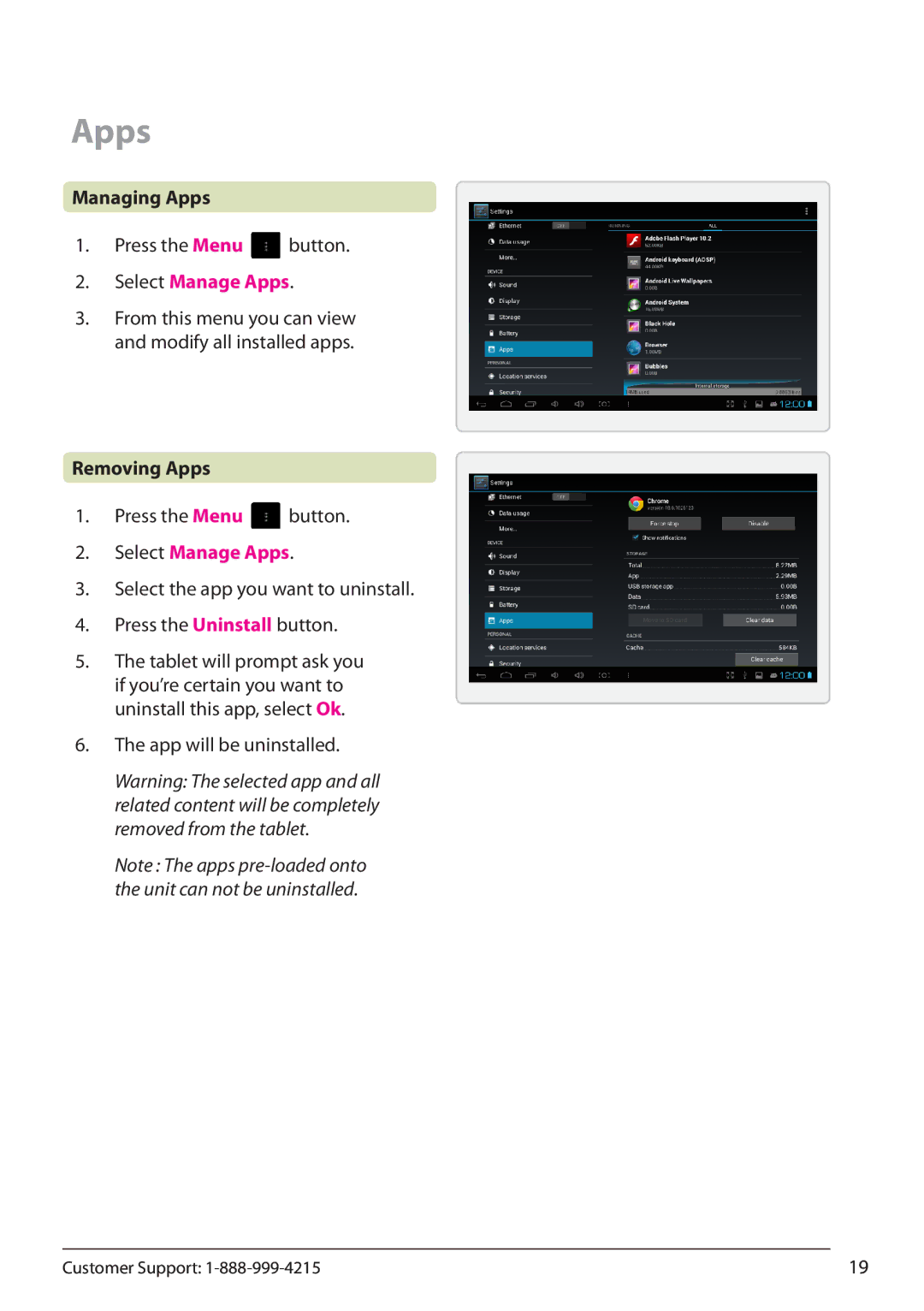 Zeki TBQC1063B manual Managing Apps, Removing Apps, App will be uninstalled 