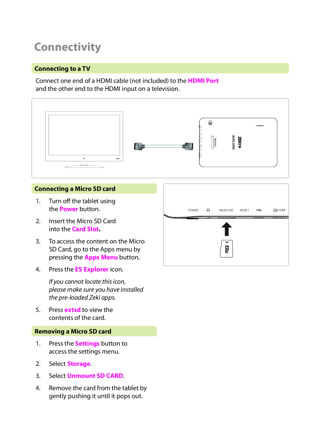 Zeki TBQC1063B manual Connectivity, Connecting to a TV, Connecting a Micro SD card, Removing a Micro SD card 