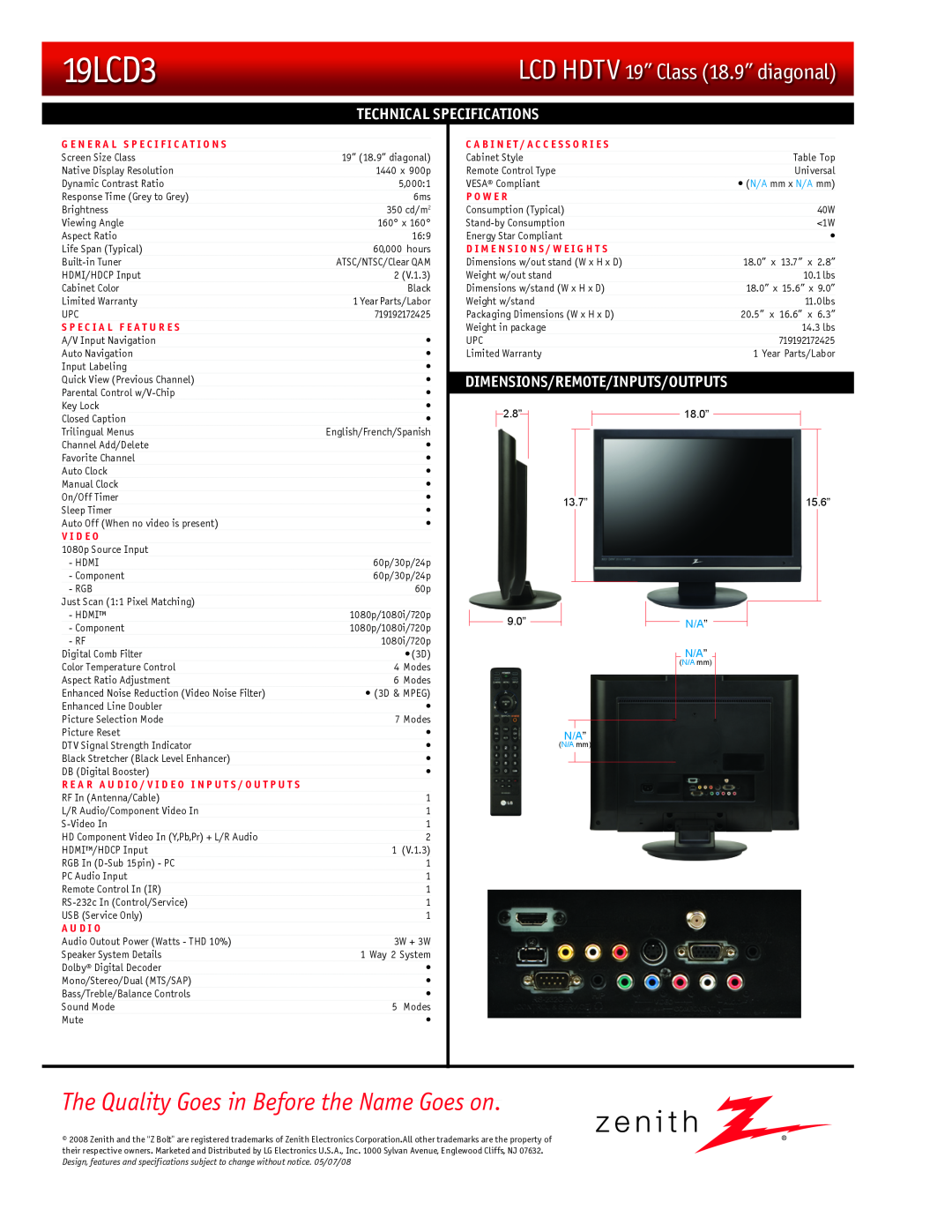 Zenith 19LCD3 Technical, Specifications, Dimensions/Remote/Inputs/Outputs, The Quality Goes in Before the Name Goes on 