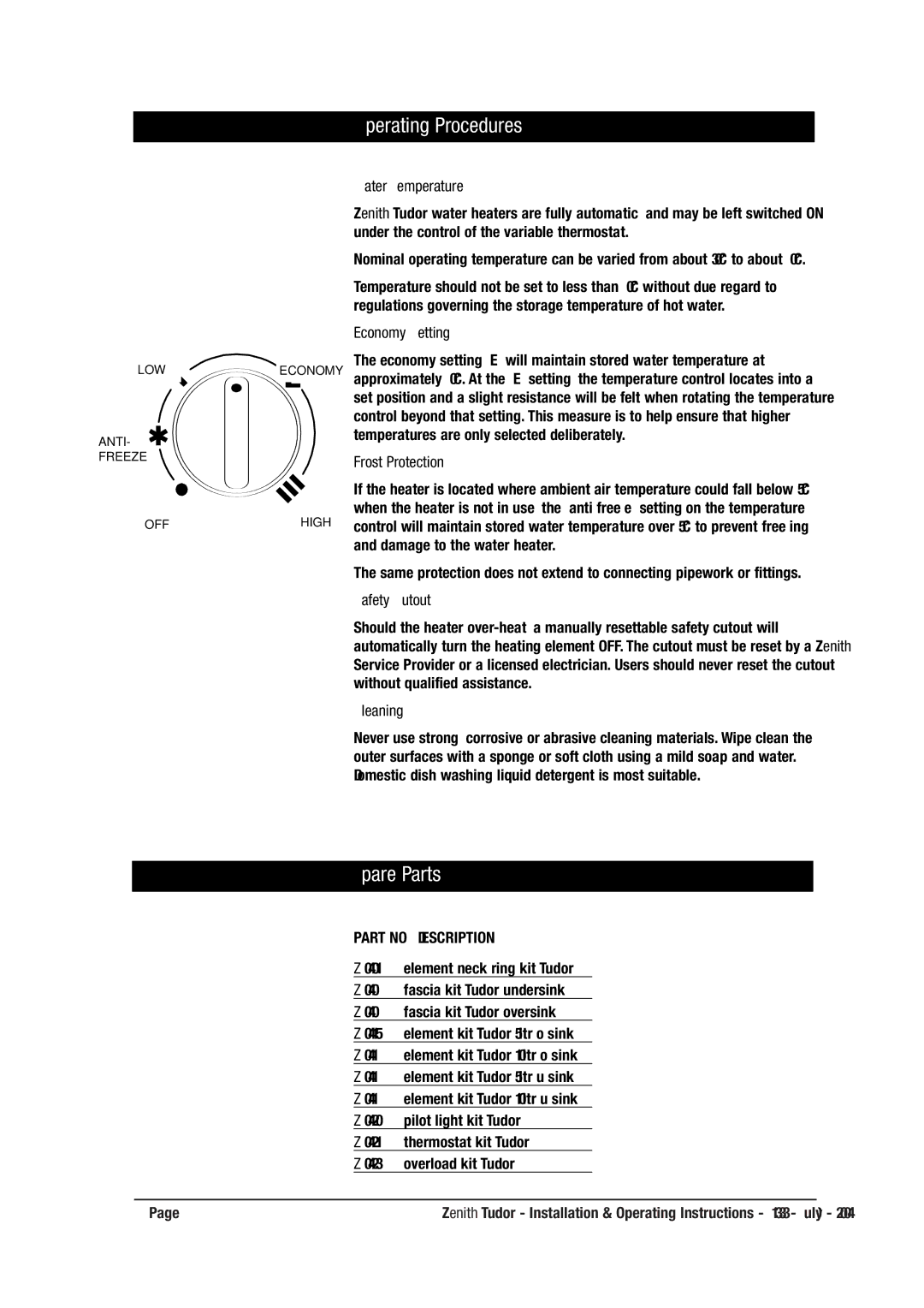 Zenith 216666666 operating instructions Operating Procedures, Spare Parts 