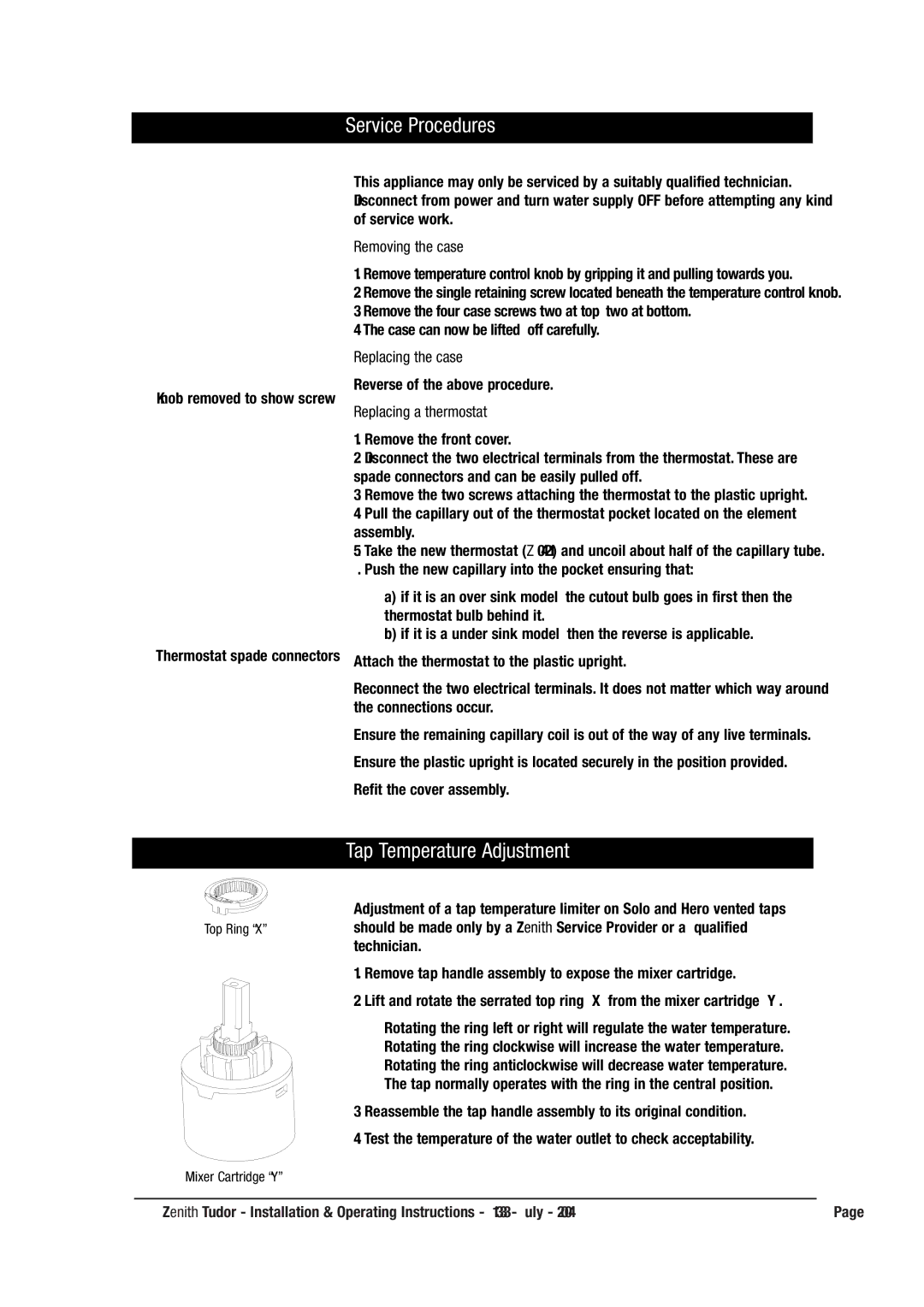 Zenith 216666666 Service Procedures, Tap Temperature Adjustment, Removing the case, Replacing the case 