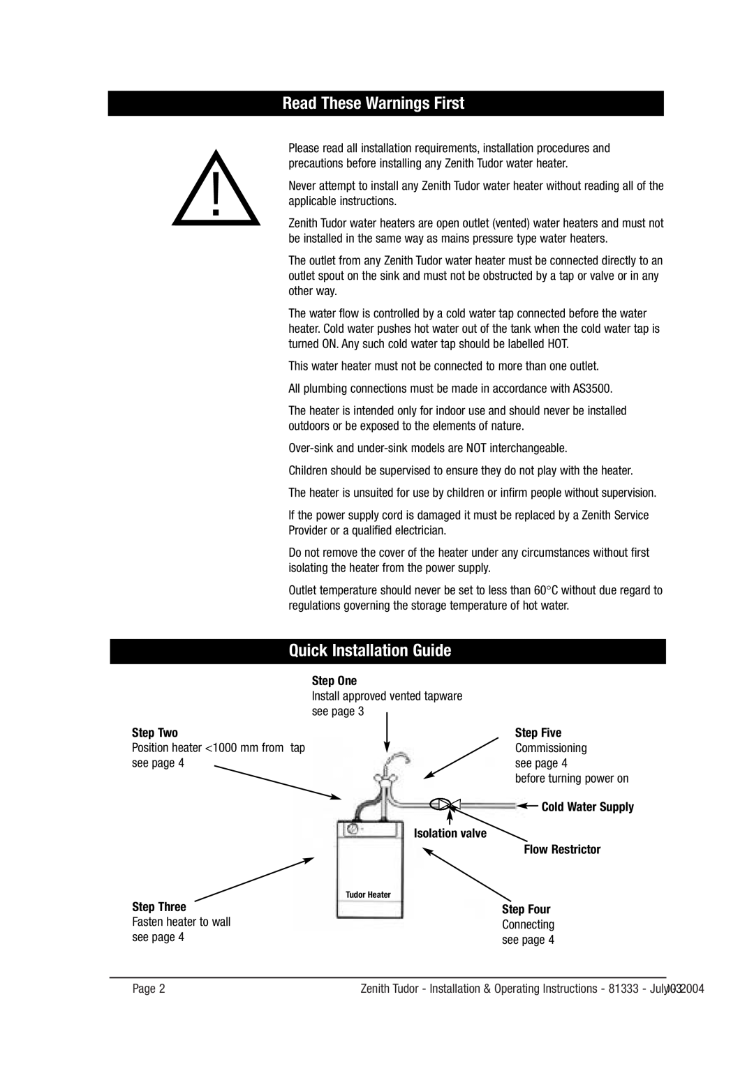 Zenith 216666666 Quick Installation Guide, Read These Warnings First, Step One, Step Two, Step Five, Flow Restrictor 