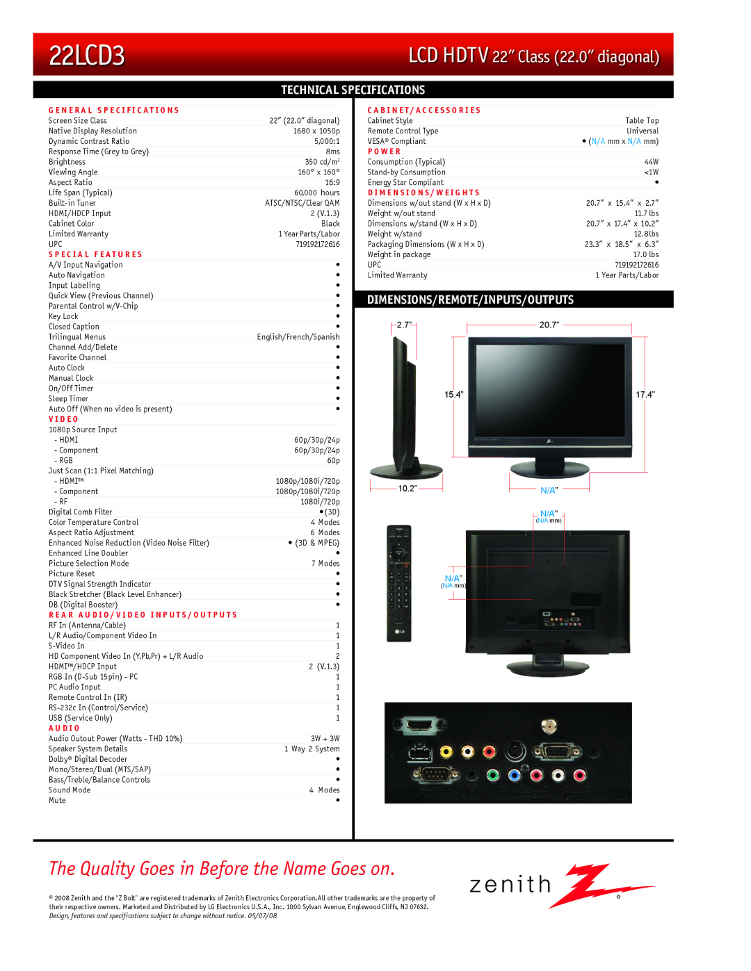 Zenith 22LCD3 manual Technical Specifications, Dimensions/Remote/Inputs/Outputs 