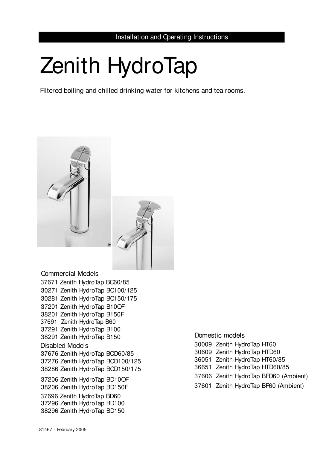 Zenith 37691, 38291, 38201, 37671, 37606, 37601, 37291, 37201 manual Zenith HydroTap, Installation and Operating Instructions 