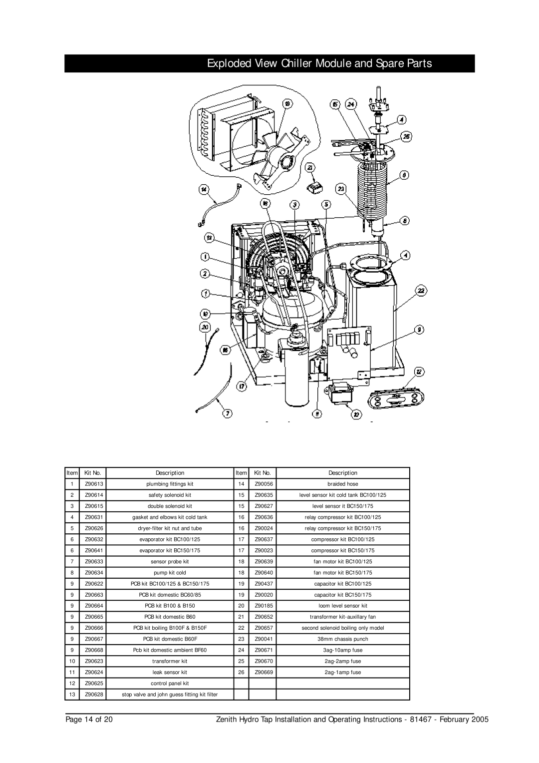 Zenith 38291, 37691, 38201, 37671, 37606, 37601, 37291, 37201 Exploded View Chiller Module and Spare Parts, Kit No Description 