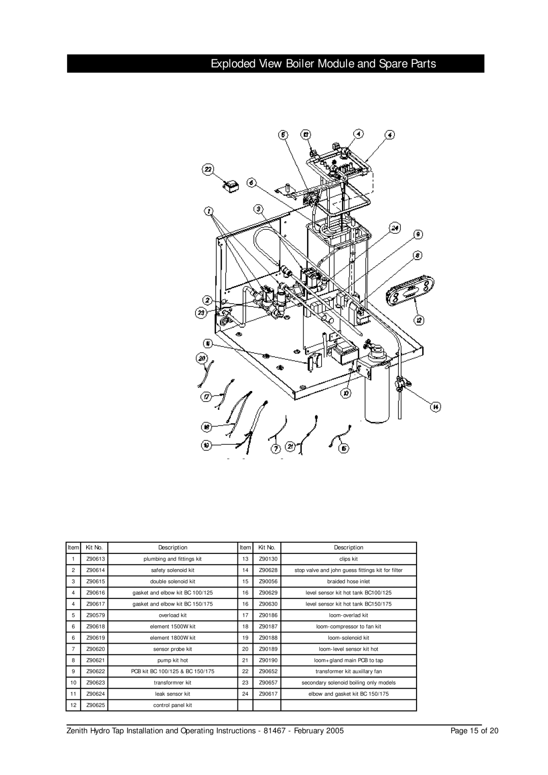 Zenith 37691, 38291, 38201, 37671, 37606, 37601, 37291, 37201, 36651, 30609, 30281 manual Exploded View Boiler Module and Spare Parts 