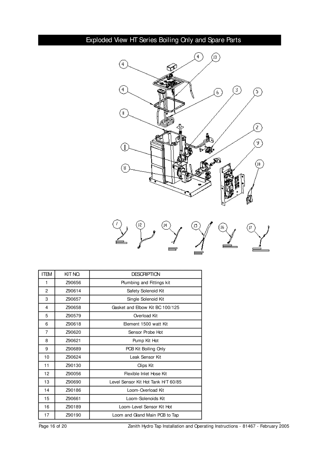 Zenith 38201, 38291, 37691, 37671, 37606, 37601, 37291 Exploded View HT Series Boiling Only and Spare Parts, KIT no Description 