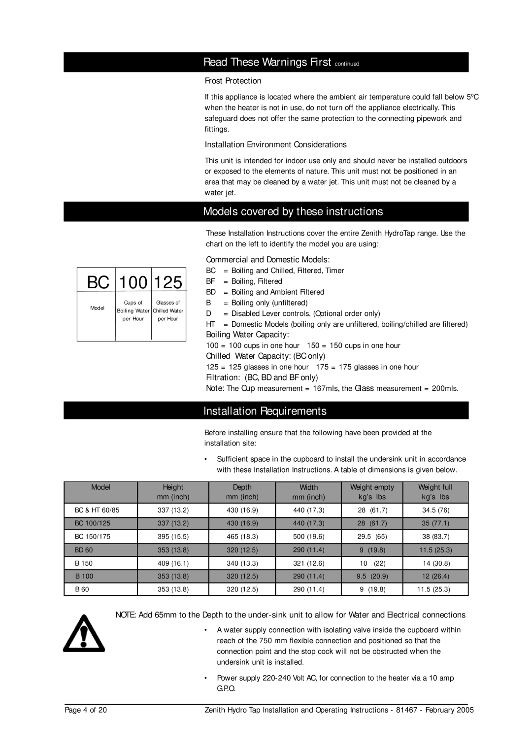 Zenith 37606, 38291, 37691, 38201, 37671, 37601, 37291, 37201 Models covered by these instructions, Installation Requirements 