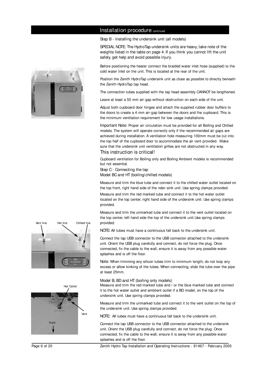 Zenith 37291, 38291, 37691, 38201 Step B Installing the undersink unit all models, Model B, BD and HT boiling only models 