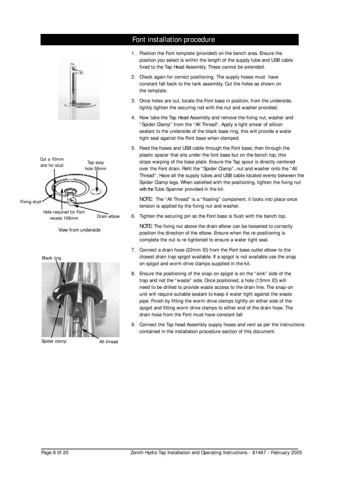 Zenith 36651, 38291, 37691, 38201 manual Font installation procedure, Fixed to the Tap Head Assembly. These cannot be extended 