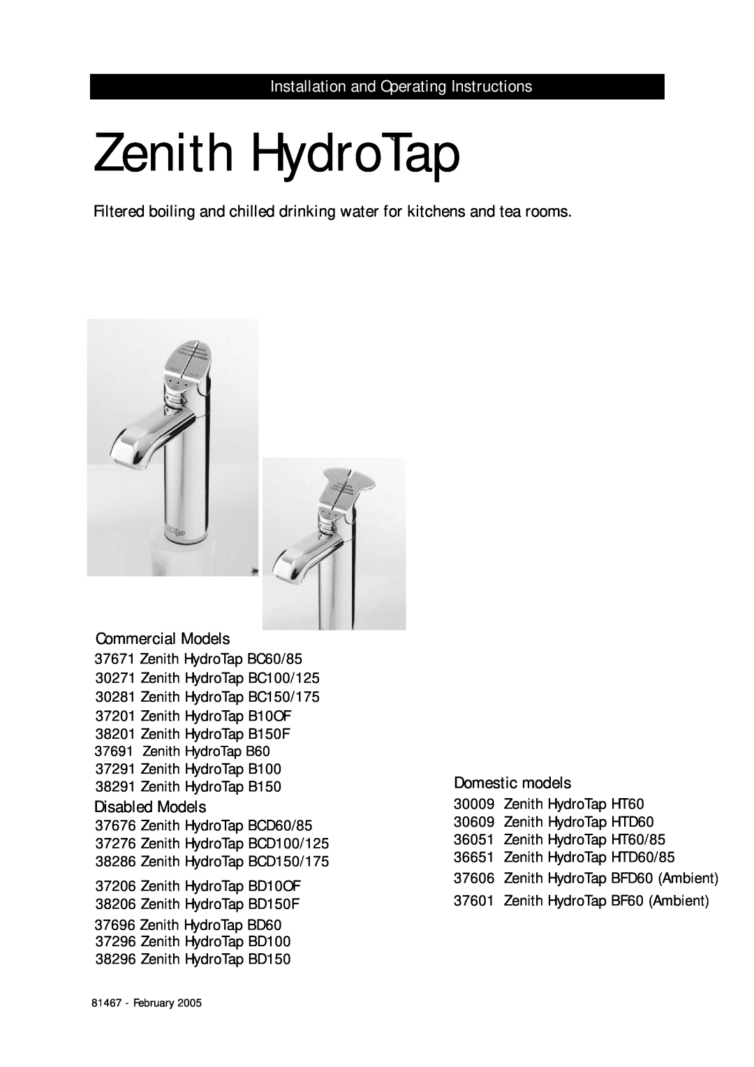 Zenith 37691, 38291 manual Installation and Operating Instructions, Zenith HydroTap, Commercial Models, Domestic models 