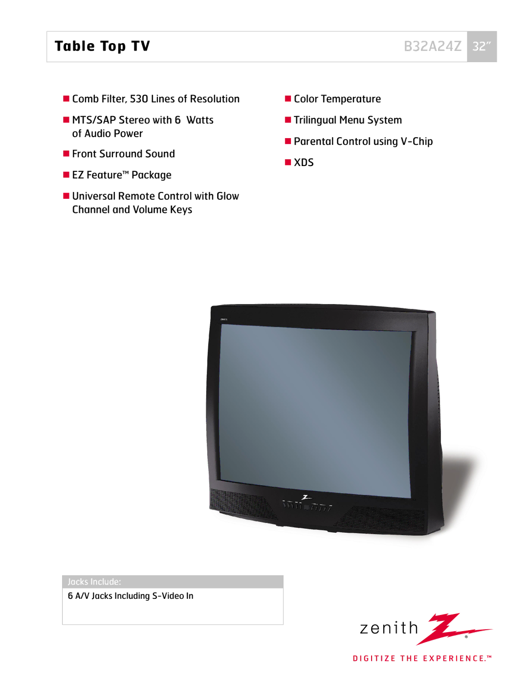 Zenith B32A24Z manual Table Top TV 