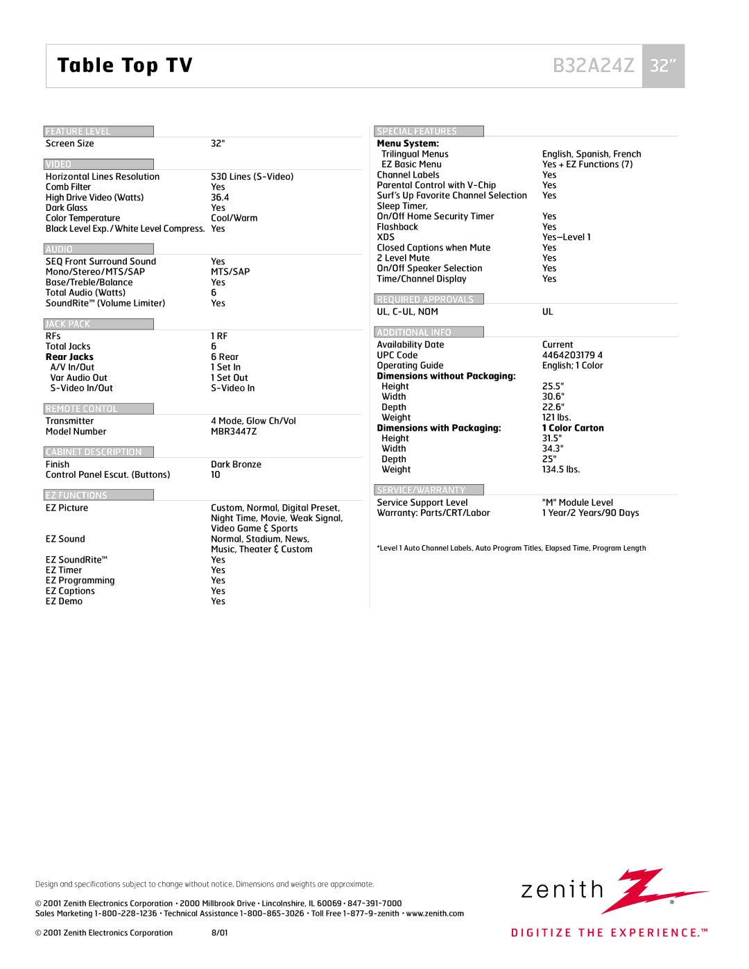 Zenith B32A24Z manual Rear Jacks, Menu System, Dimensions without Packaging, Dimensions with Packaging Color Carton 