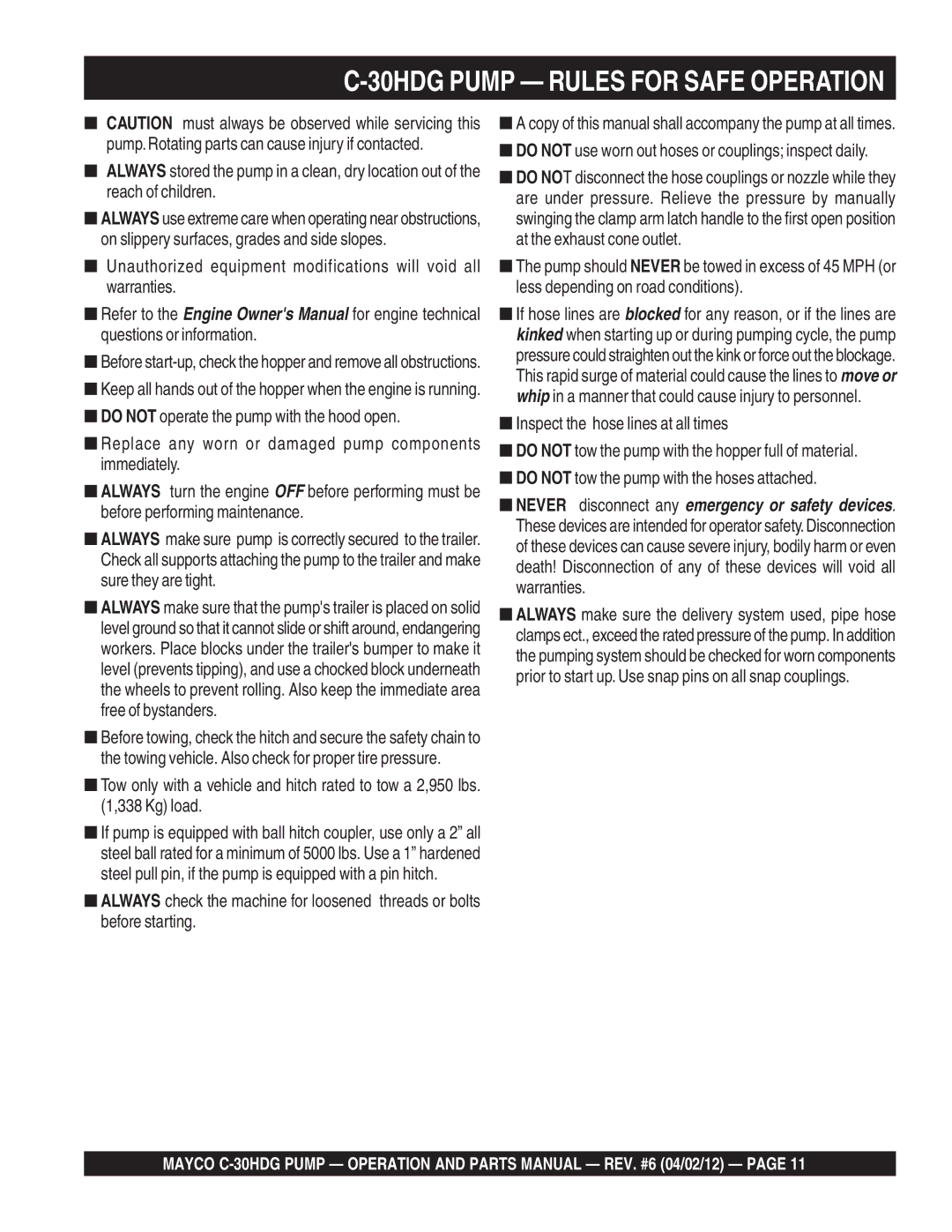 Zenith C-30HDG manual 30HDG Pump Rules for Safe Operation, Do not use worn out hoses or couplings inspect daily 