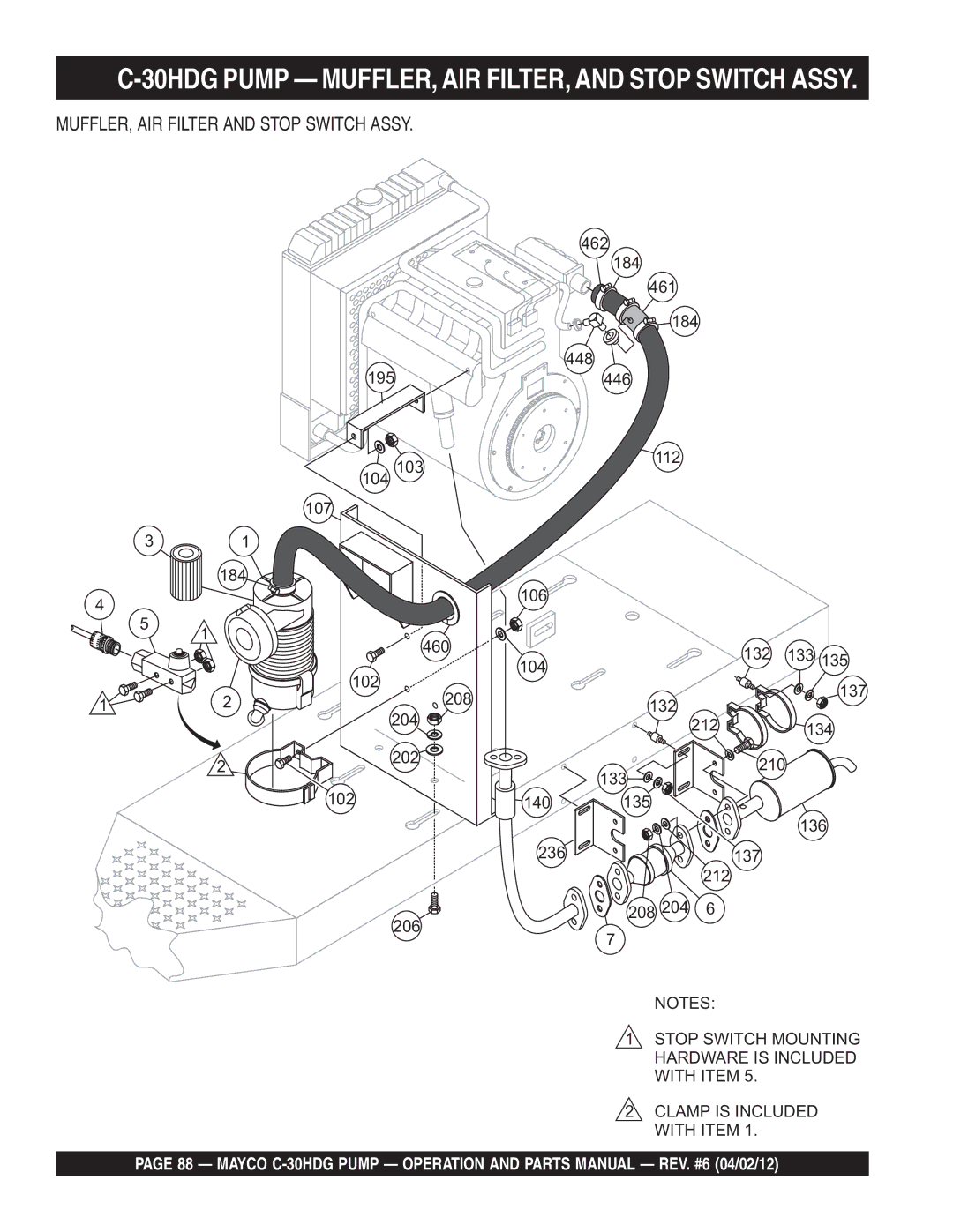 Zenith C-30HDG manual 30HDG Pump MUFFLER, AIR FILTER, and Stop Switch Assy, MUFFLER, AIR Filter and Stop Switch Assy 