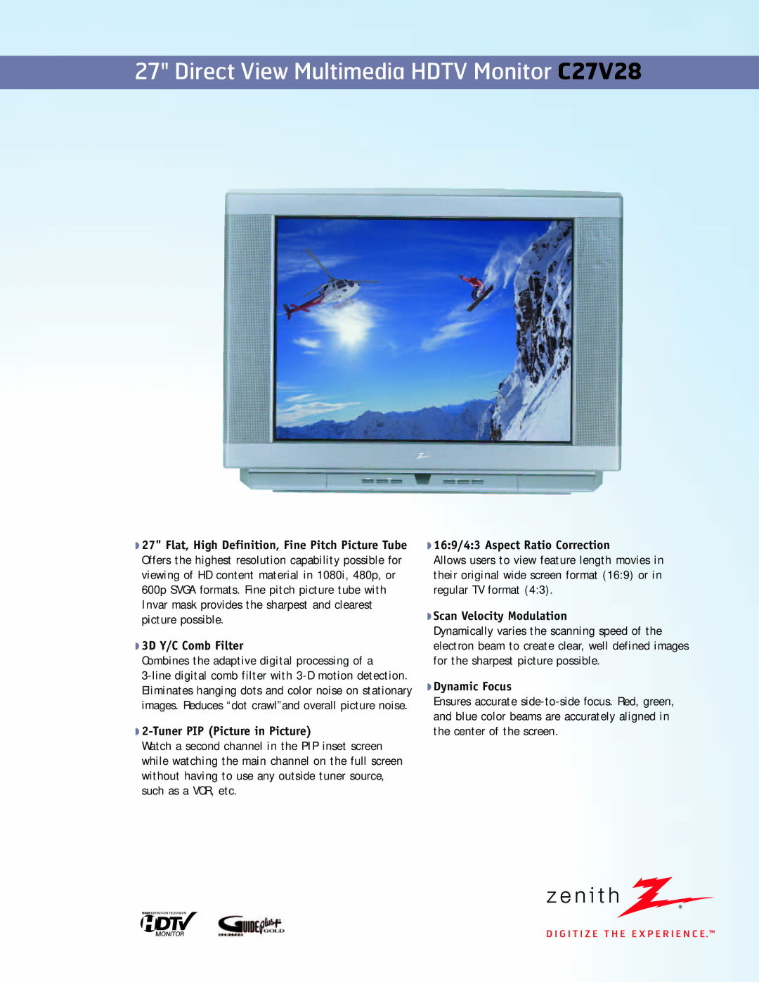 Zenith manual Direct View Multimedia Hdtv Monitor34 169C27V28, Tuner PIP Picture in Picture, Scan Velocity Modulation 