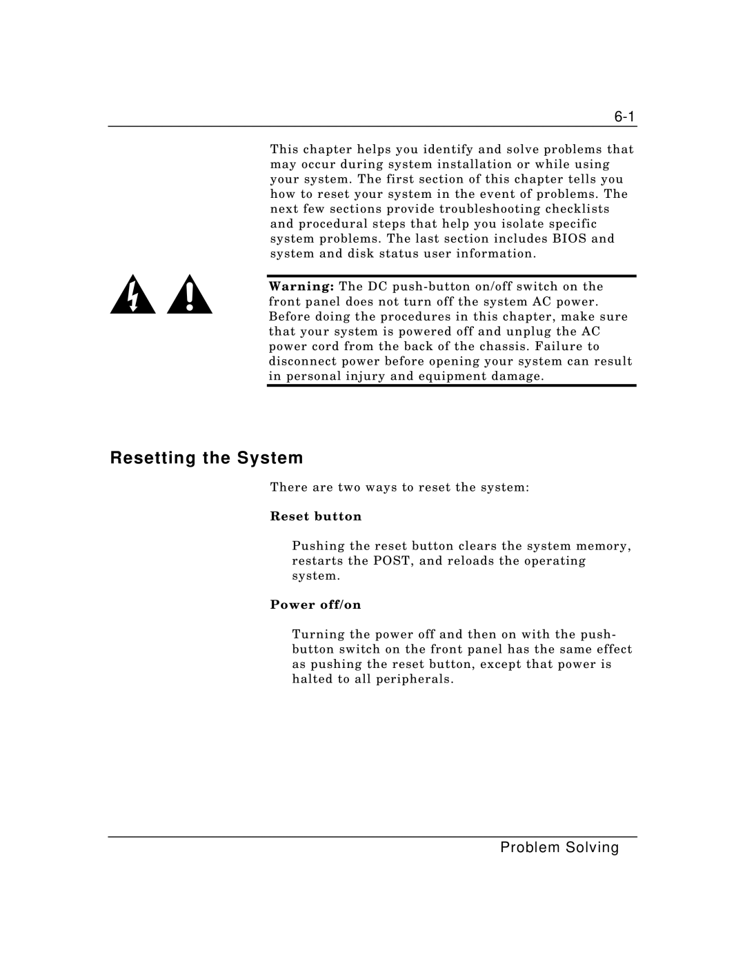 Zenith Data Systems MT2000 manual Resetting the System, Reset button, Power off/on 