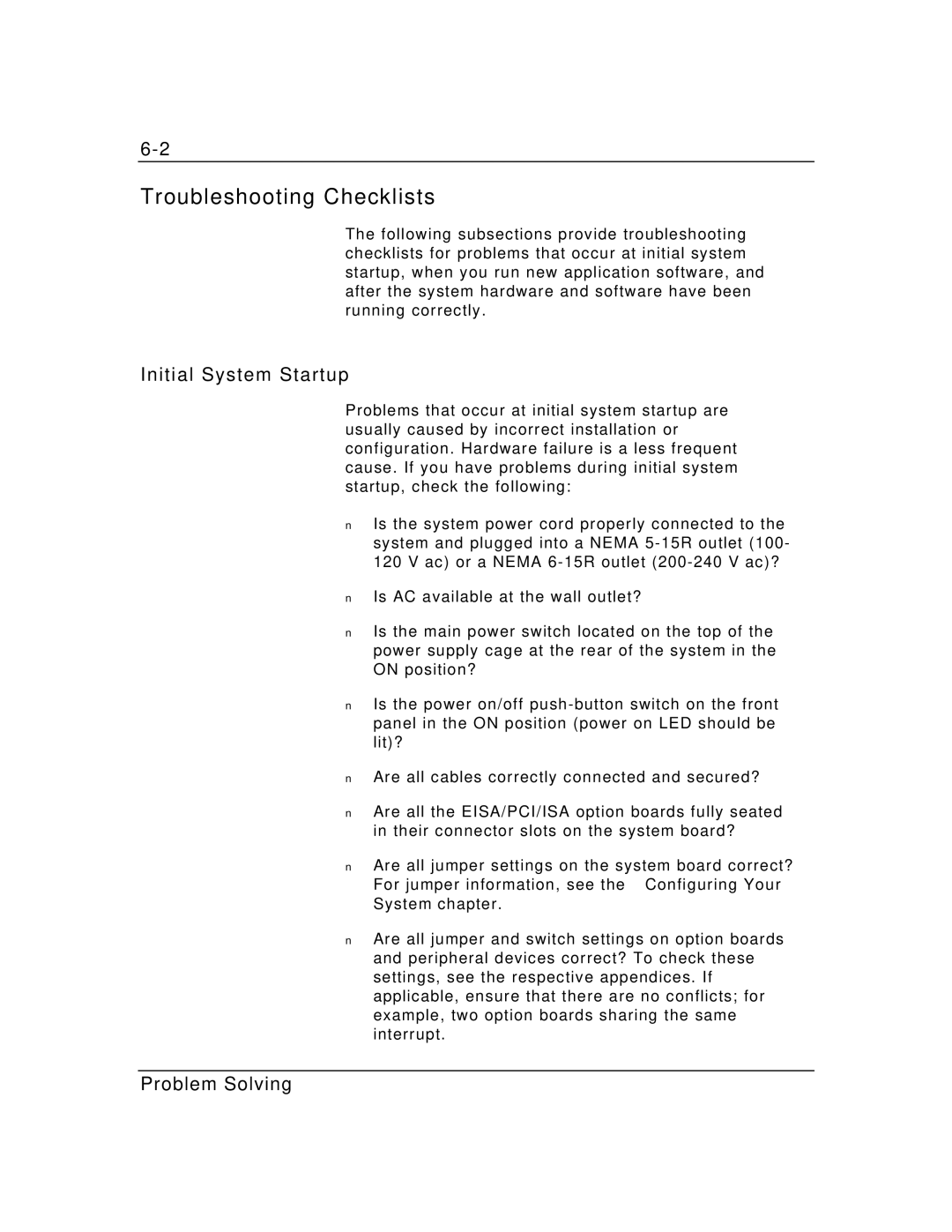 Zenith Data Systems MT2000 manual Troubleshooting Checklists, Initial System Startup 