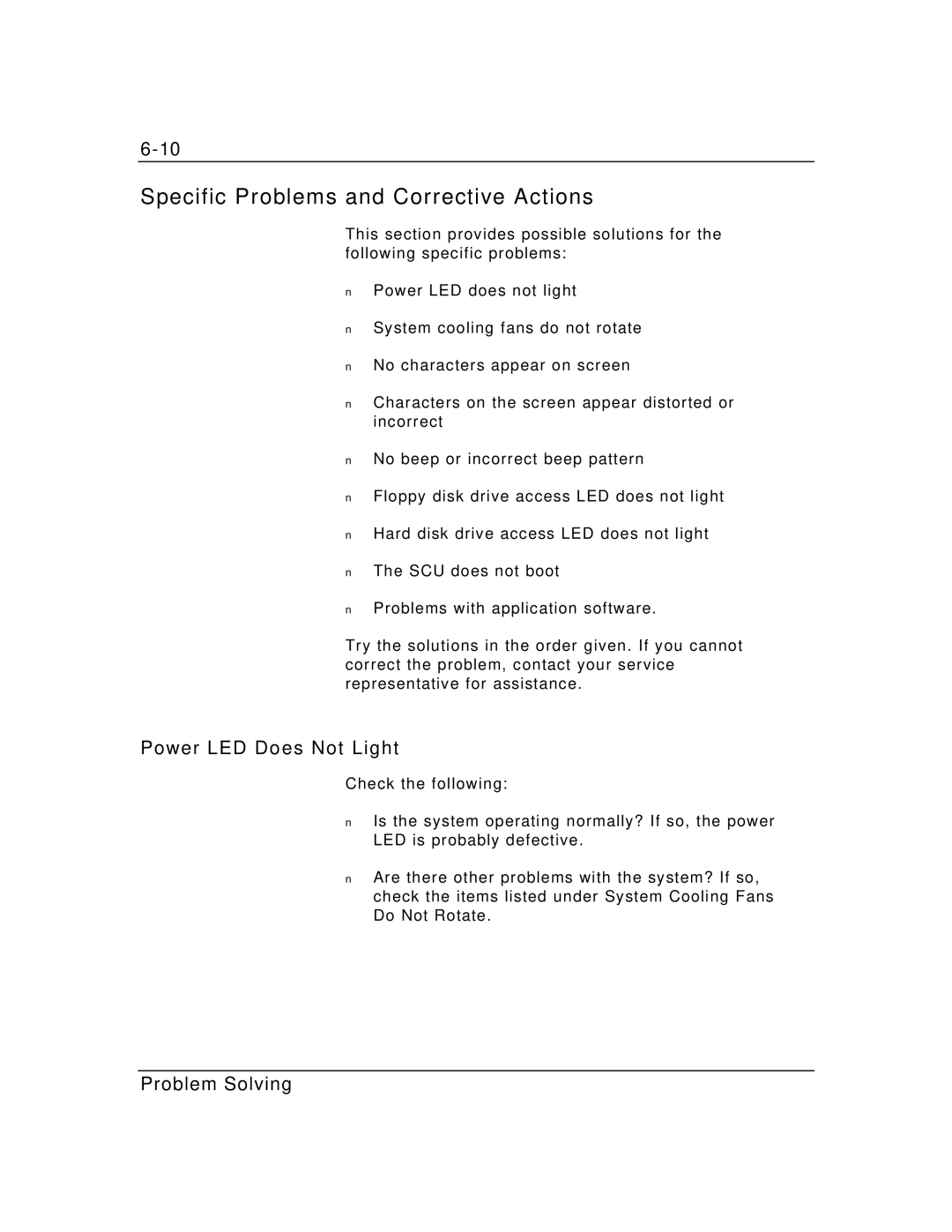 Zenith Data Systems MT2000 manual Specific Problems and Corrective Actions, Power LED Does Not Light 