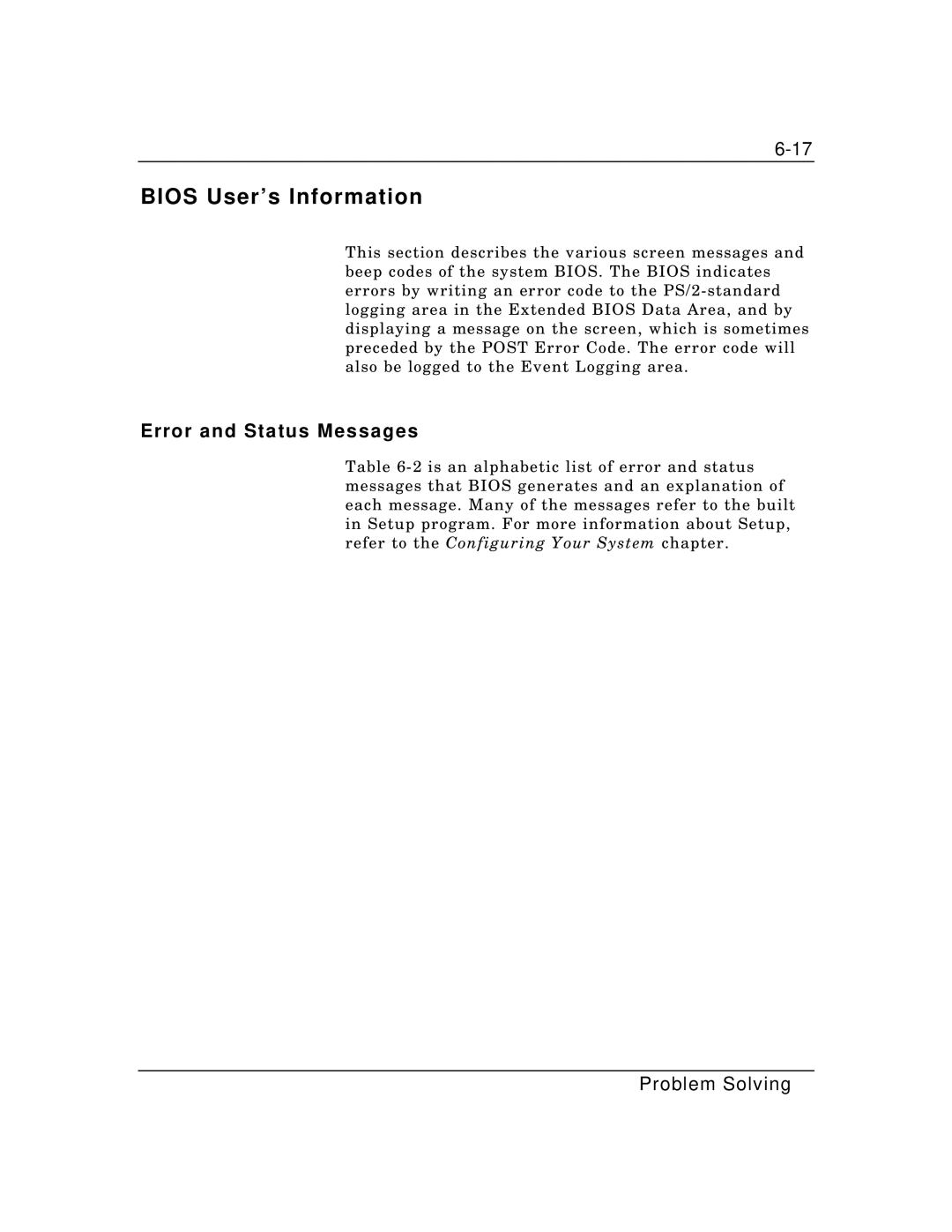 Zenith Data Systems MT2000 manual Bios User’s Information, Error and Status Messages 