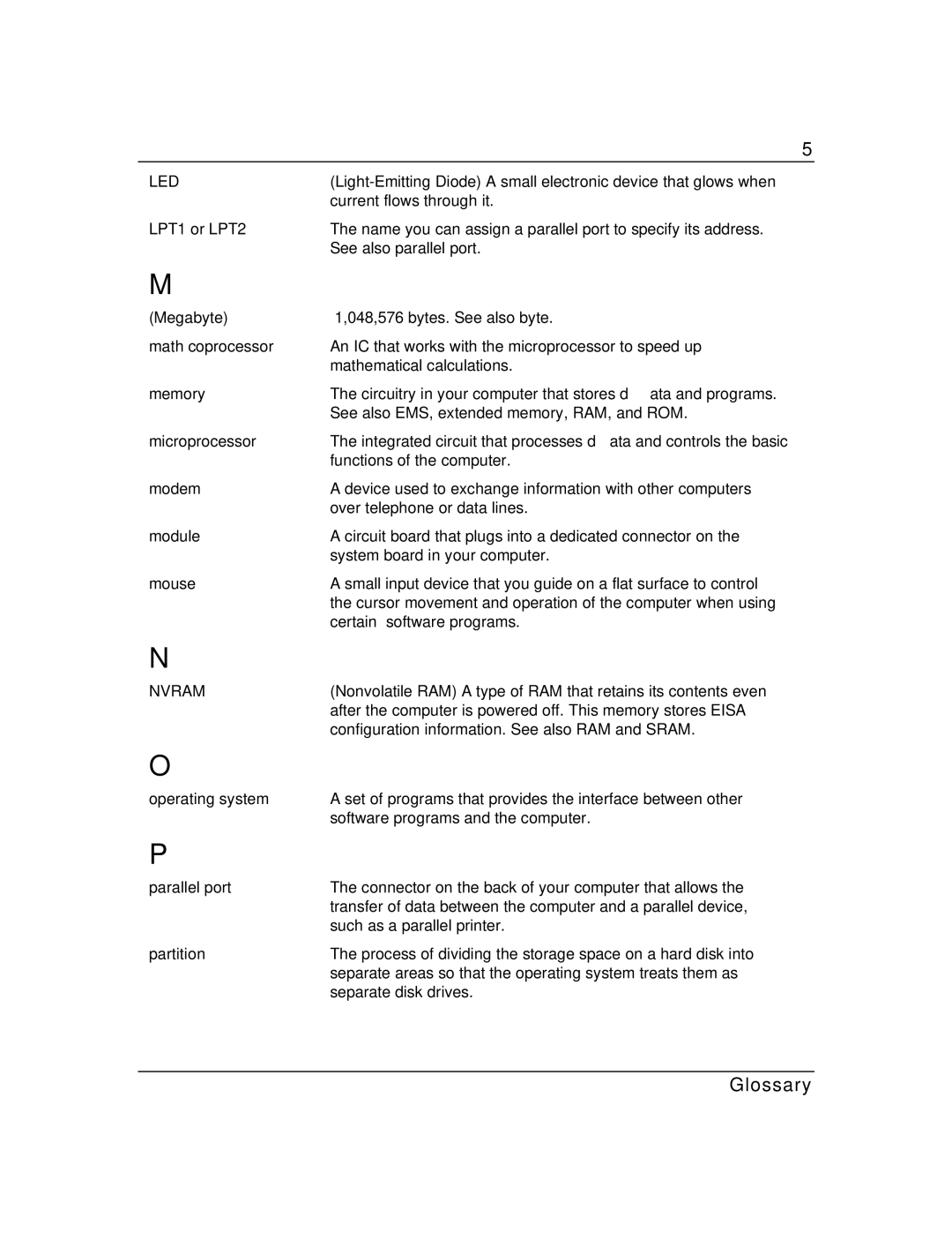 Zenith Data Systems MT2000 manual LPT1 or LPT2, Megabyte, Math coprocessor, Memory, Microprocessor, Modem, Module, Mouse 