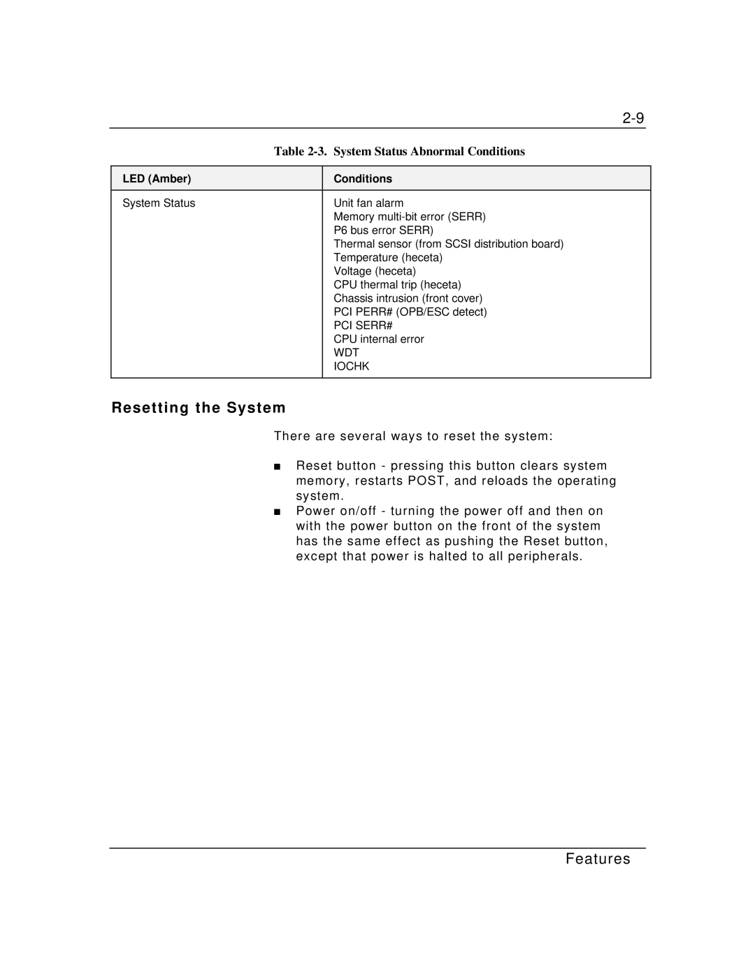 Zenith Data Systems MT2000 manual Resetting the System, System Status Abnormal Conditions, LED Amber Conditions 