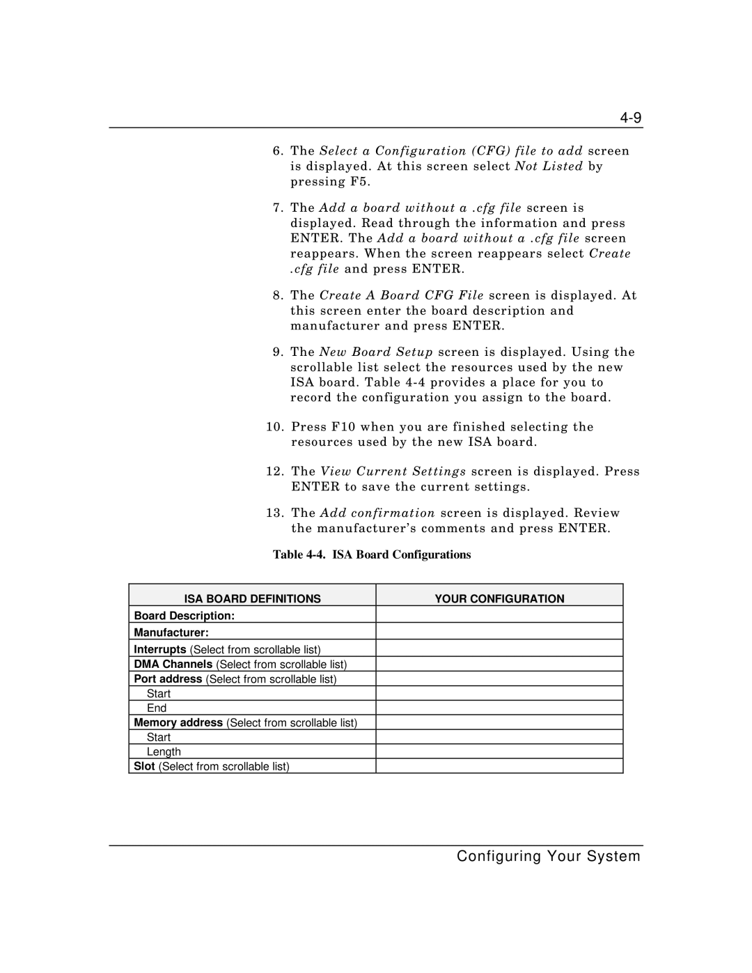 Zenith Data Systems MT2000 manual ISA Board Configurations, ISA Board Definitions Your Configuration 