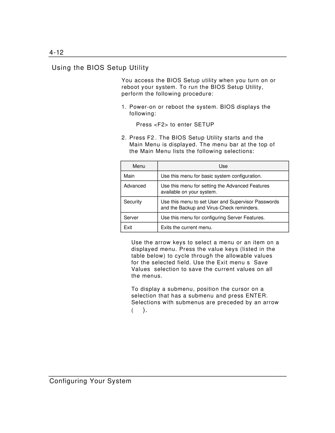 Zenith Data Systems MT2000 manual Using the Bios Setup Utility, Menu Use 