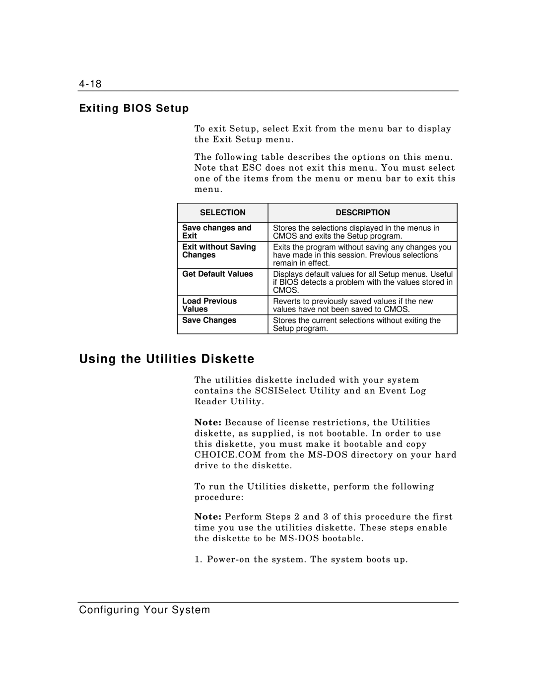 Zenith Data Systems MT2000 manual Using the Utilities Diskette, Exiting Bios Setup 