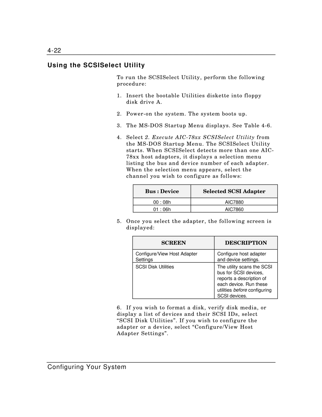 Zenith Data Systems MT2000 manual Using the SCSISelect Utility, Bus Device Selected Scsi Adapter 