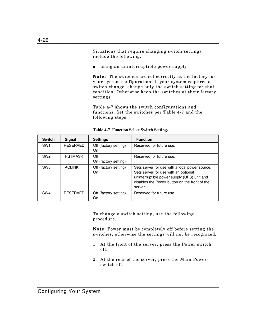 Zenith Data Systems MT2000 manual Function Select Switch Settings, Switch Signal Settings Function 