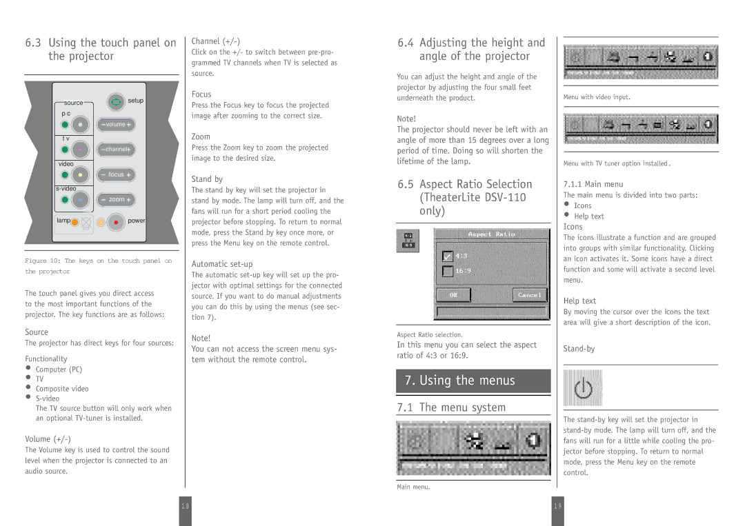 Zenith DSV-110 manual Using the menus, Using the touch panel on the projector, Menu system 