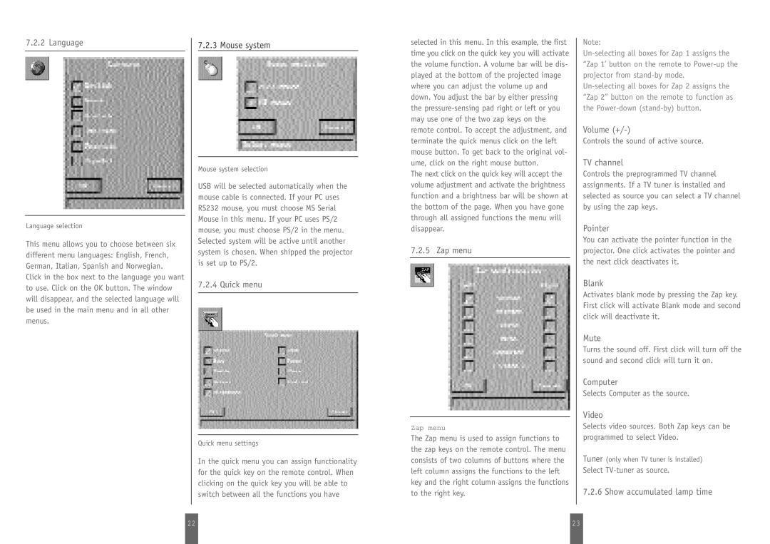 Zenith DSV-110 manual Language, Quick menu, Zap menu, TV channel, Pointer, Blank, Mute, Computer, Video 