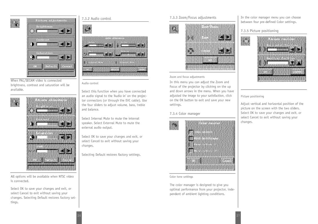 Zenith DSV-110 manual Audio control, Zoom/Focus adjustments, Color manager, Picture positioning 